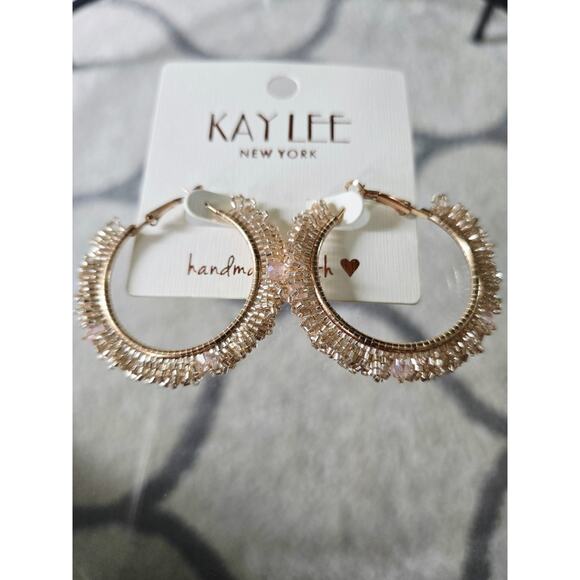 Kay Lee Gold Beaded Hoop Earrings New - Picture 2 of 4